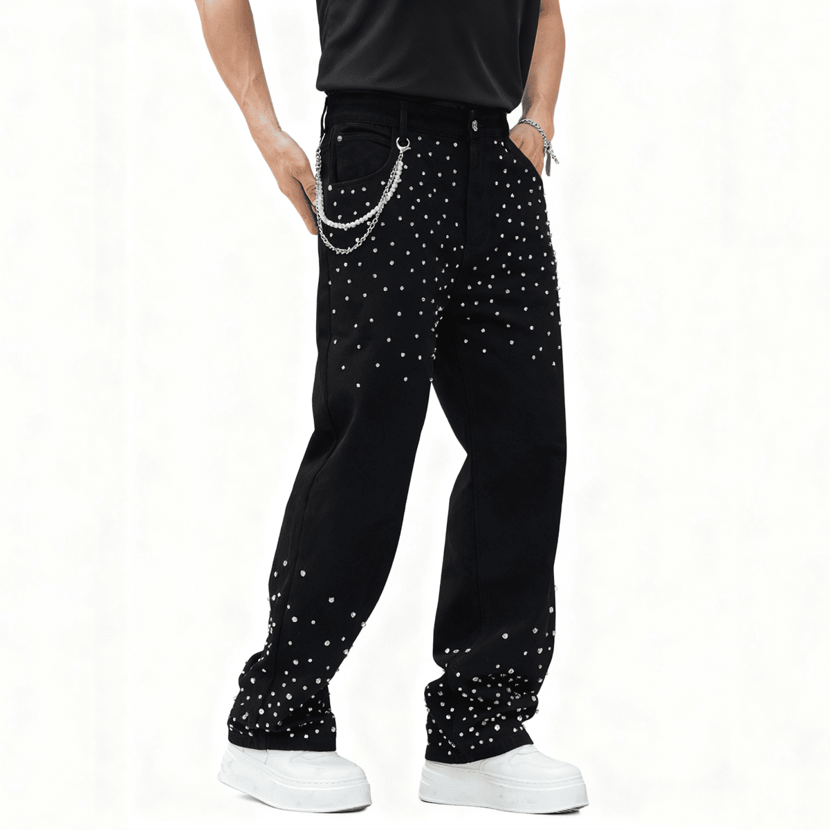 TRINITY Unisex Rhinestone-Embellished Relaxed Straight-Leg Jeans