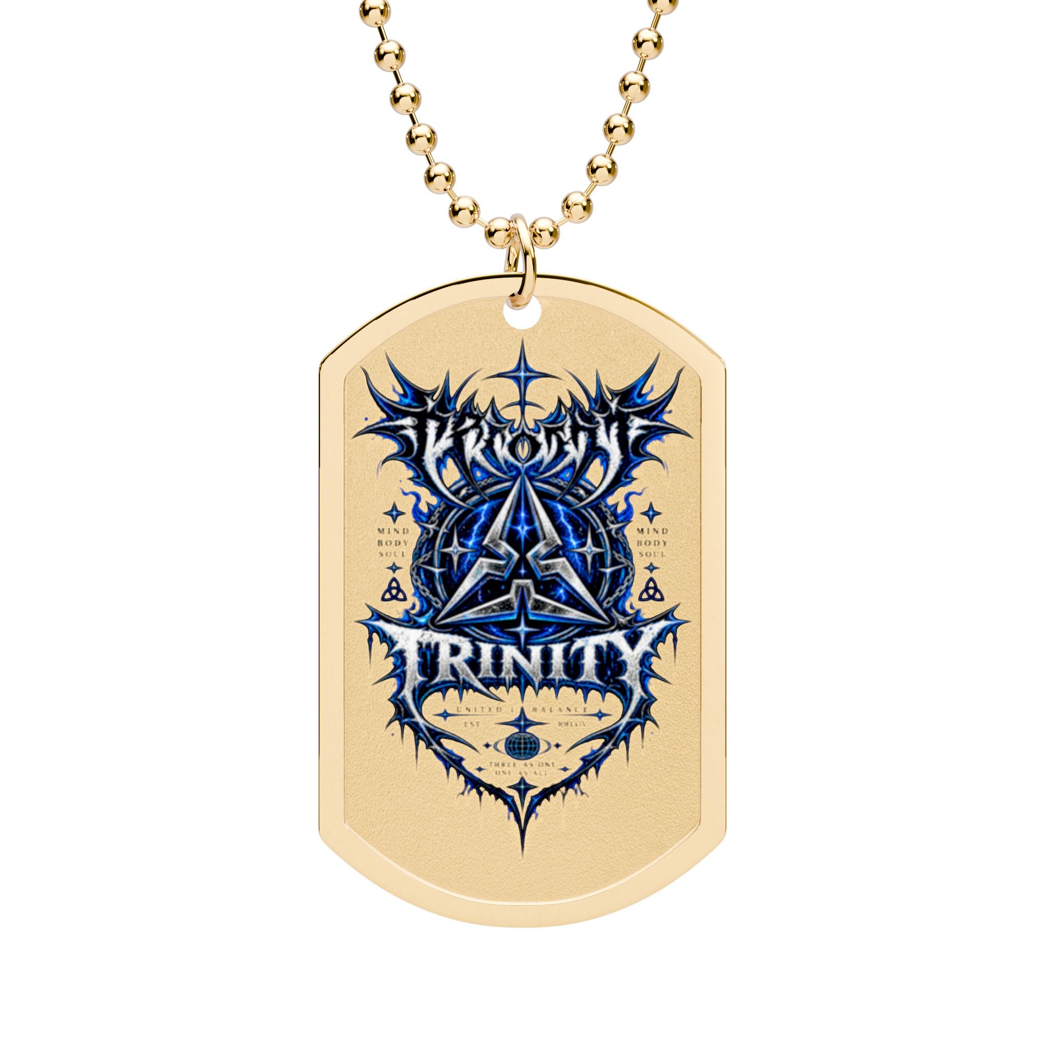 Trinity Gothic Crest Dog Tag Necklace — Blue Celtic Pentagram Pendant