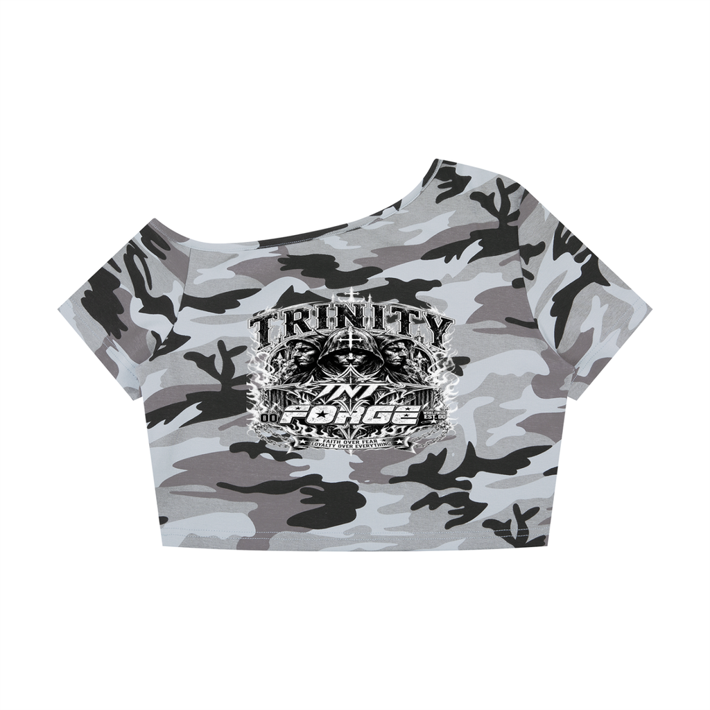 TRINITY Women's Camo Off-Shoulder Crop T-Shirt