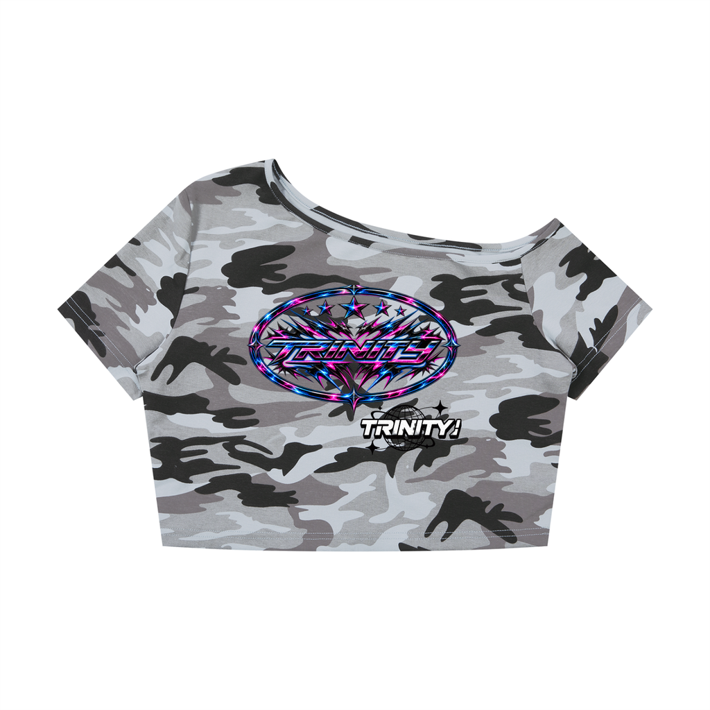 TRINITY Women's Camo Off-Shoulder Crop T-Shirt
